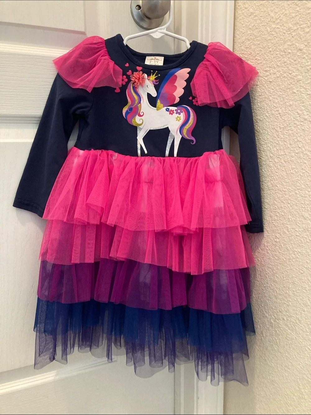 2-3 yrs Girls Navy & Hot Pink Unicorn Tulle Dress